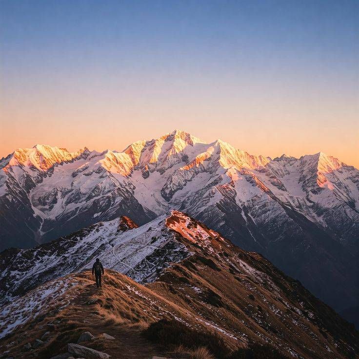 Alpenglow on snow peaks above a trekker on a ridge