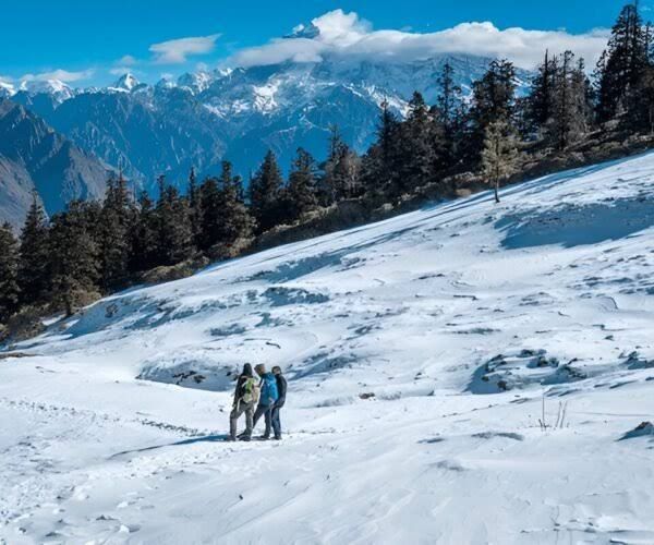 Snowy slopes and forest below Himalayan peaks