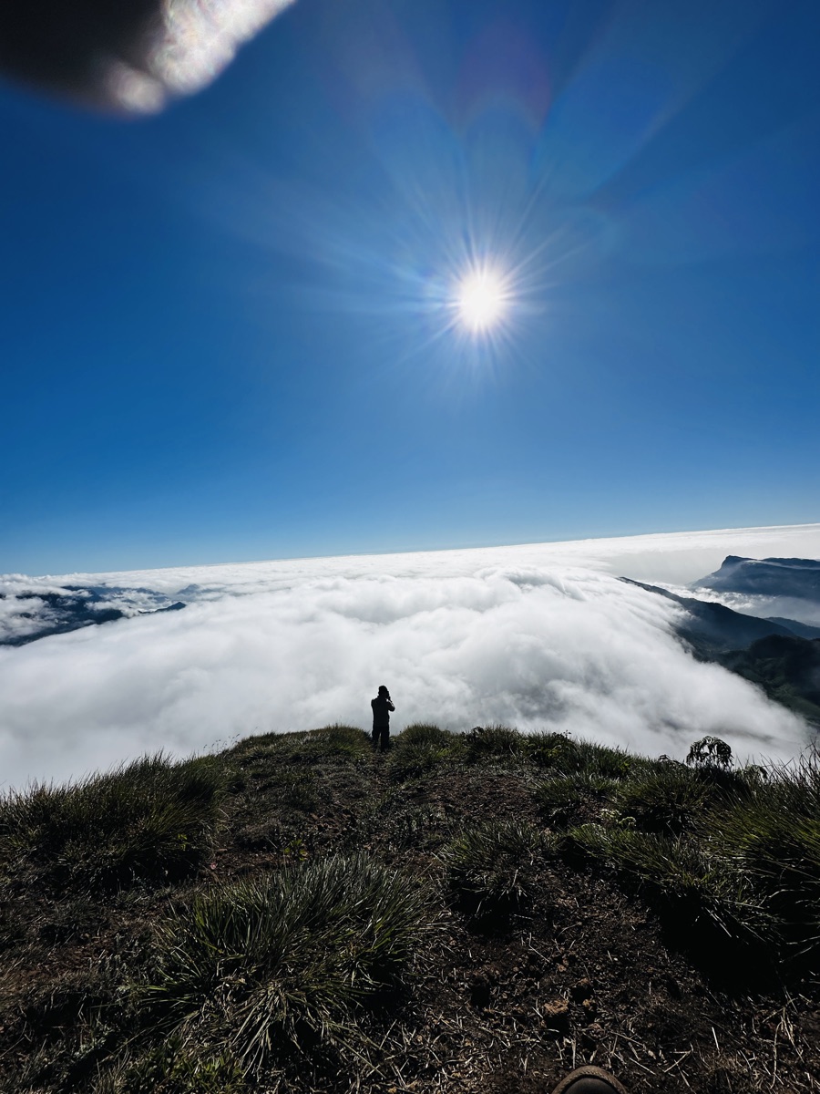 A lone figure above a sea of cloud at Meeshapulimala