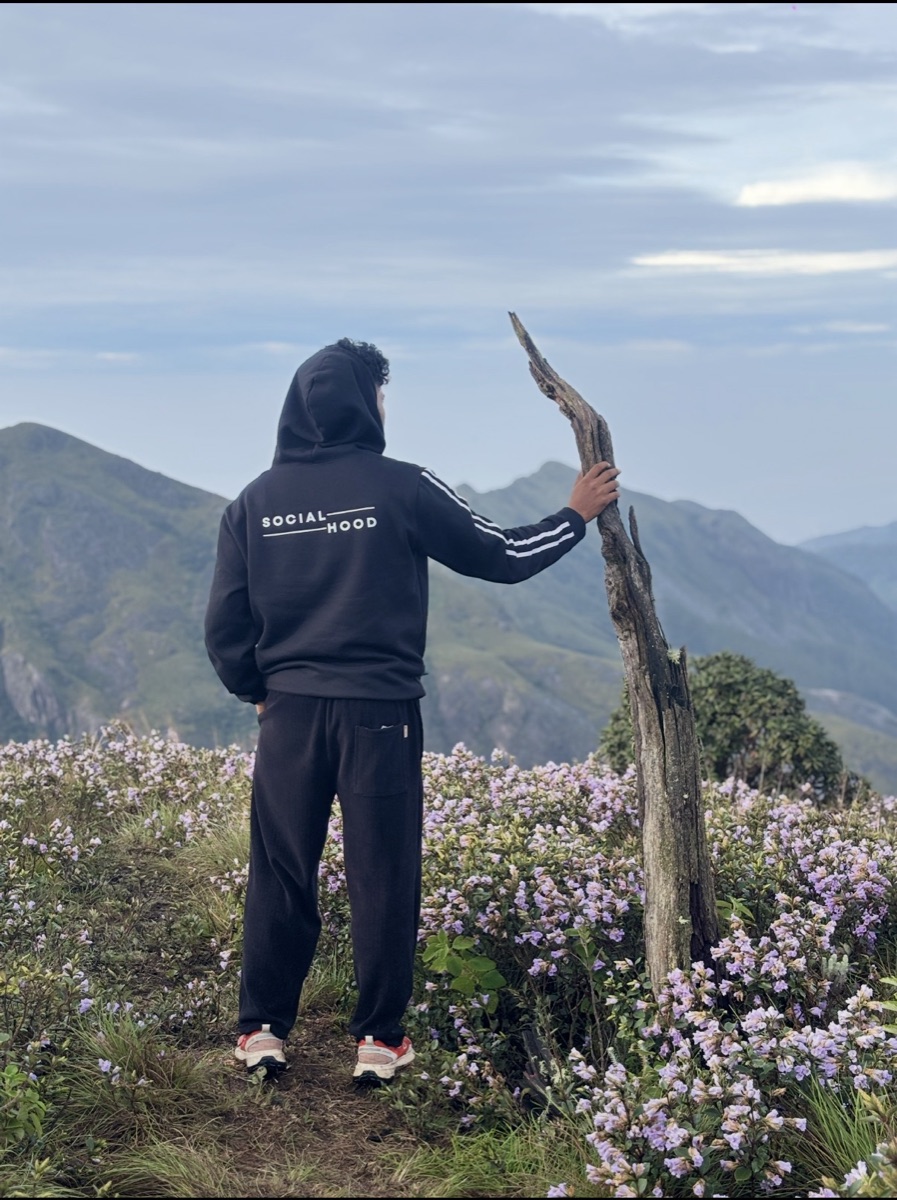 A trekker among the purple-blue Neelakurinji flowers at Meeshapulimala